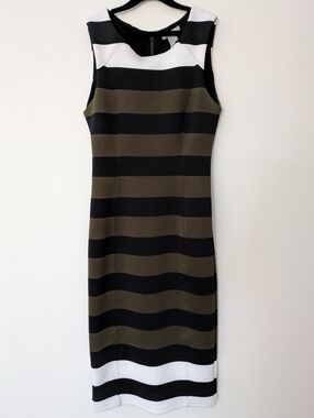 H&M Sleeveless Striped Bodycon Dress in Black, Olive/Brown & White~ Sz S